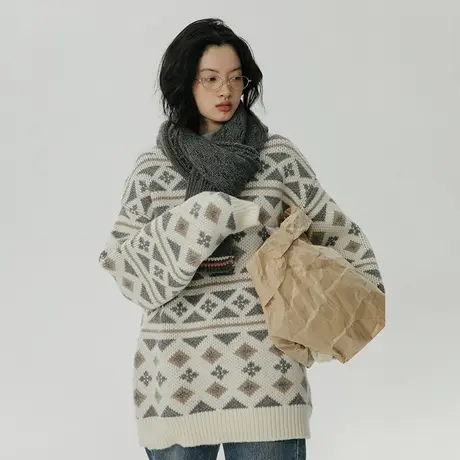 omont蛋挞家 费尔岛套头毛衣女秋冬2023年新款加厚宽松慵懒风毛衣商品大图
