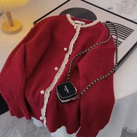 小香风新年红色花边领开衫短外套女小个子早春季设计感小众上衣女商品大图