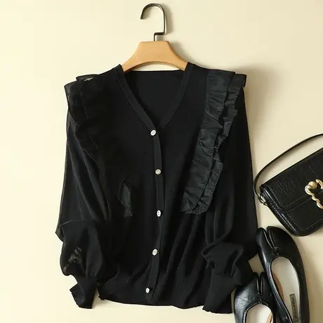 冰丝针织假开衫女春装2024年新款雪纺袖上衣宽松洋气蕾丝打底衫女图片