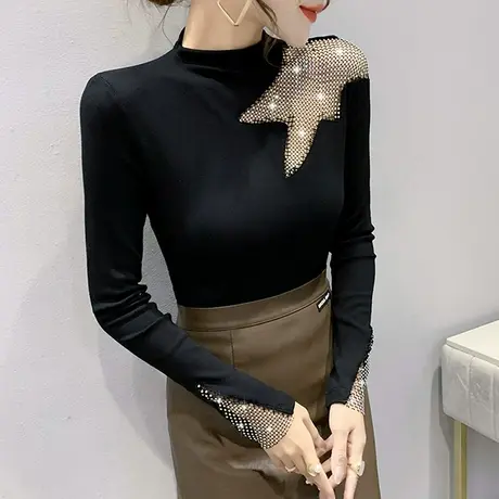 加绒打底衫女秋冬内搭半高领时尚烫钻长袖T恤性感镂空洋气上衣ins商品大图
