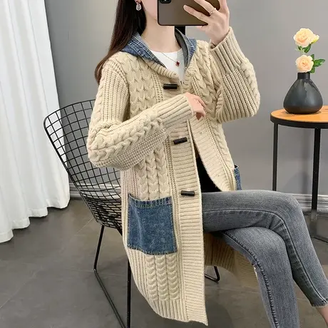 长款毛衣开衫外套加厚慵懒风洋气牛仔毛衣拼接外套连帽2023新款潮图片