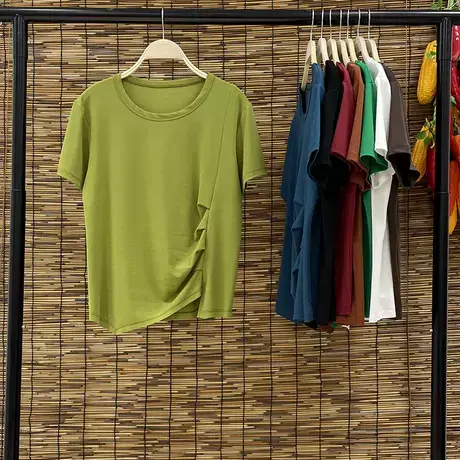 褶皱开叉t恤女短袖夏2023新款女装设计感不规则t恤上衣洋气小衫潮商品大图