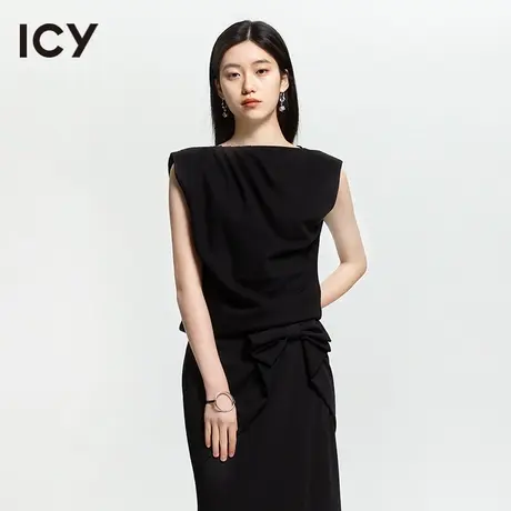icy2023夏季简约纯色不规则褶皱荡领垫肩无袖小衫【梦会停设计】商品大图