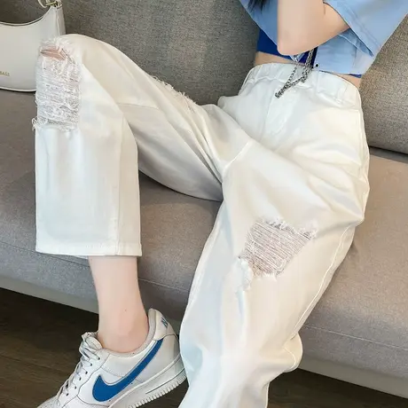 白色破洞哈伦牛仔裤女202春夏新款休闲高腰显瘦八分小个子老爹裤商品大图