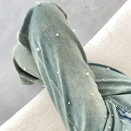 开叉阔腿牛仔裤女2023年春秋新款高腰窄版显瘦珍珠设计感直筒长裤商品大图