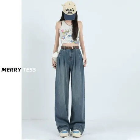 复古蓝阔腿牛仔裤女秋季2023年新款设计感褶皱宽松显瘦百搭直筒裤图片