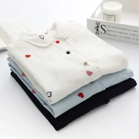 双层纱长袖衬衫女2021秋季新款韩版爱心刺绣柔软亲肤棉纱打底衬衣图片