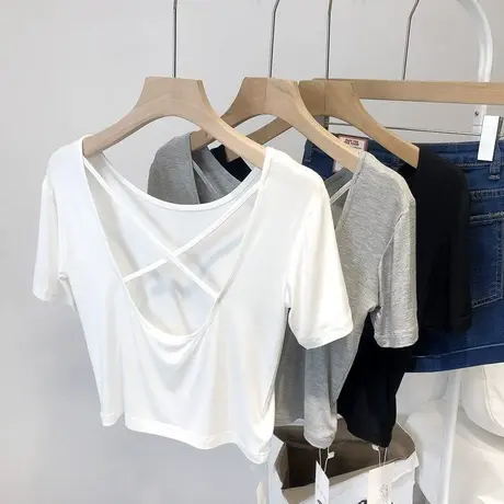 夏季韩版2025新款修身显瘦小心机交叉美背短款打底短袖T恤上衣女商品大图