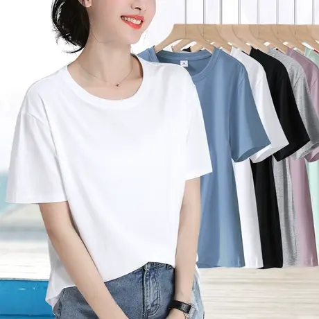 基础款白色纯棉短袖t恤女夏季圆领净版宽松半袖百搭透气落肩体恤商品大图