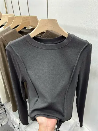 羊绒明线拼接针织衫圆领修身长袖上衣小衫女2023早秋款内搭打底衫图片