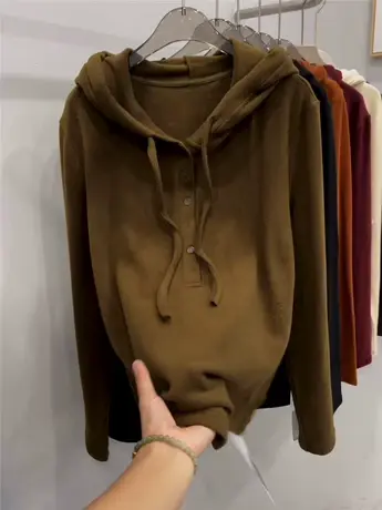 欧货宽松洋气德绒加厚纽扣抽绳连帽卫衣女秋冬季外搭磨毛上衣帽衫商品大图