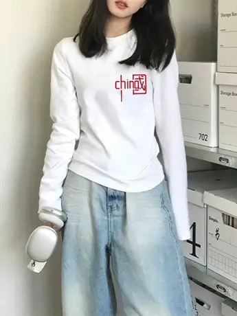 白色仿棉长袖t恤女2023新款春秋冬季加绒内搭打底衫洋气减龄上衣商品大图