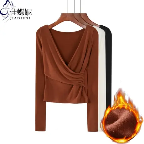 冬季新款长袖V领磨毛加厚纯色设计感T恤修身保暖打底衫短款内搭女商品大图