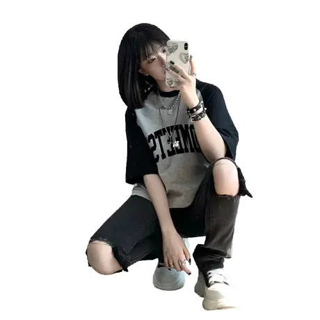 美式大码插肩袖t恤女hiphop男友风纯棉显瘦短袖ins复古港风上衣夏商品大图