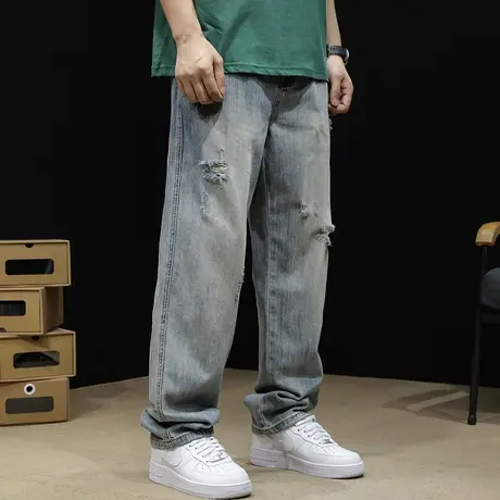 直筒牛仔裤男潮牌2024新款宽松大码阔腿百搭刮烂破洞裤子夏季薄款图片