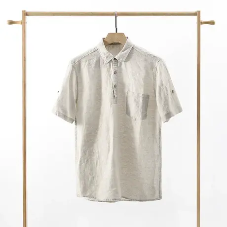 亚麻短袖衬衫男休闲宽松夏季薄款棉麻POLO衫男士大码衬衣外套潮流图片