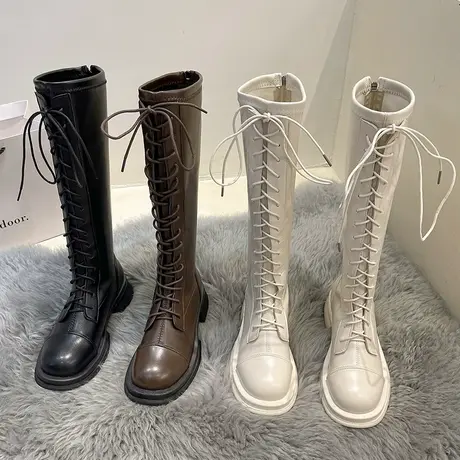 长筒靴女骑士靴秋冬系带厚底女鞋高筒瘦瘦靴白色小个子不过膝长靴商品大图