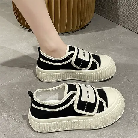 百搭厚底超火丑萌帆布鞋女2024新款春秋复古小白鞋魔术贴平底板鞋商品大图