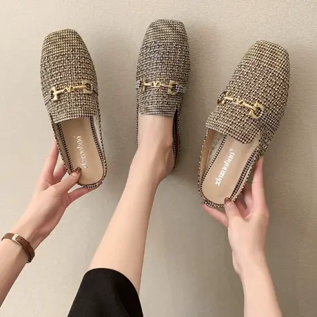 包头懒人半拖鞋女夏时尚外穿半托鞋子穆勒鞋网面透气水钻凉拖女款图片