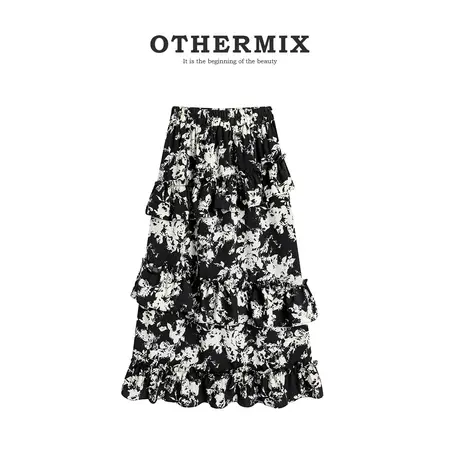 othermix 拼接碎花半身裙女2024春秋新款高腰显瘦中长款a字蛋糕裙图片