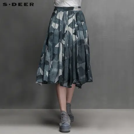s.deer【新品】圣迪奥女装藏青色几何色块半身裙 S15281124图片