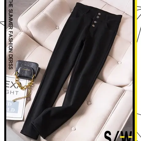 2024春季新款休闲显瘦小脚裤大码女装胖mm加绒高腰直筒黑色长裤子图片