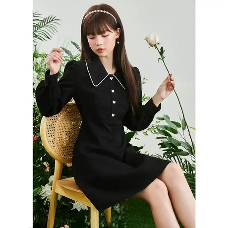 唐狮黑色连衣裙女秋冬2023年新款裙子赫本风公主裙甜美裙子女装q7商品大图