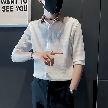 夏季男衬衫修身七分袖潮流休闲帅气撞色拼接高级感发型师短袖衬衣商品大图