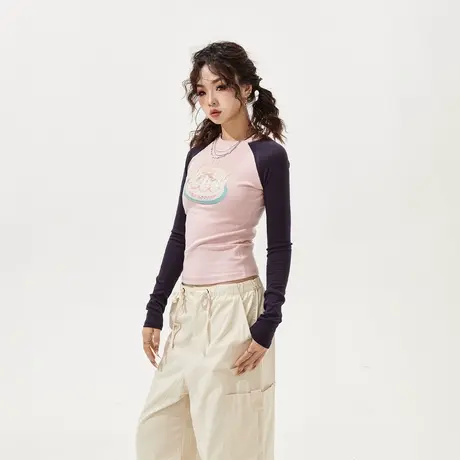 YEP美式复古拼接短款长袖T恤女2024年春夏新款内搭辣妹风紧身上衣商品大图