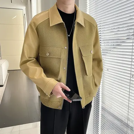 潮牌高级感翻领皮衣夹克男2024新款春秋季拼接口袋发型师外套上衣商品大图