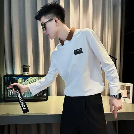 INS潮牌翻领撞色卫衣假两件男秋季POLO衫长袖t恤2023新款男装上衣商品大图