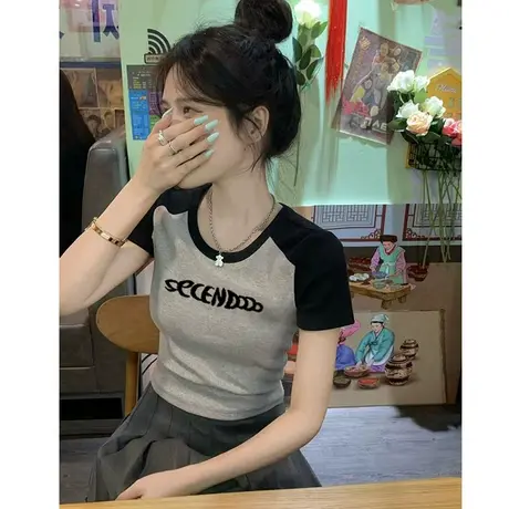 辣妹短袖t恤女夏设计感小众纯欲风修身显瘦露脐短款绣花上衣ins潮商品大图