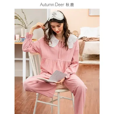 【周三秒杀】秋鹿睡衣女春秋甜美娃娃领长袖纯棉提花家居服女士秋图片