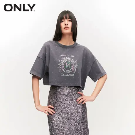 ONLY奥莱夏季潮流时尚印花烫钻宽松落肩短款T恤女图片