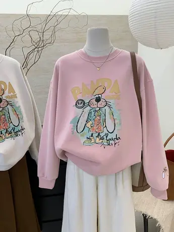 2024年春季新款高品复古卡通兔子宽松慵懒风圆领卫衣女休闲上衣商品大图