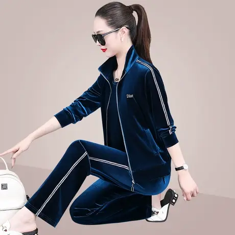金丝绒套装女士春秋三件套2024年新款时尚修身显瘦休闲立领运动服商品大图