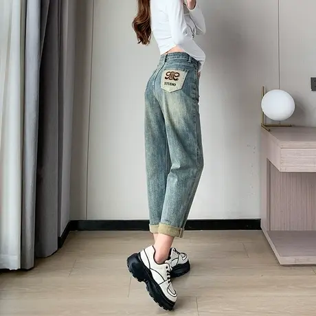 哈伦牛仔裤女春秋2024年新款春款高腰大码老爹裤复古小个子萝卜裤商品大图