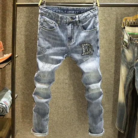 高端大牌刺绣烫印牛仔裤男弹力修身小脚裤欧洲站时尚烫钻高街裤子商品大图