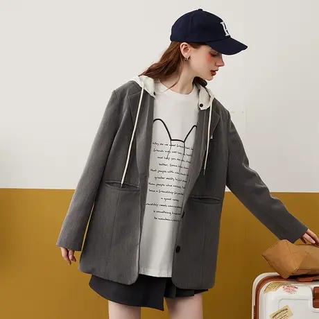 a022024春秋款长袖上衣宽松百搭可拆卸帽显瘦气质女外套图片