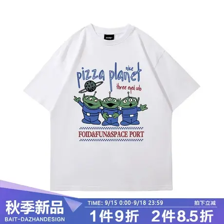 趣味卡通美式复古vintage 可爱外星人动漫宽松休闲纯棉男女短袖T商品大图