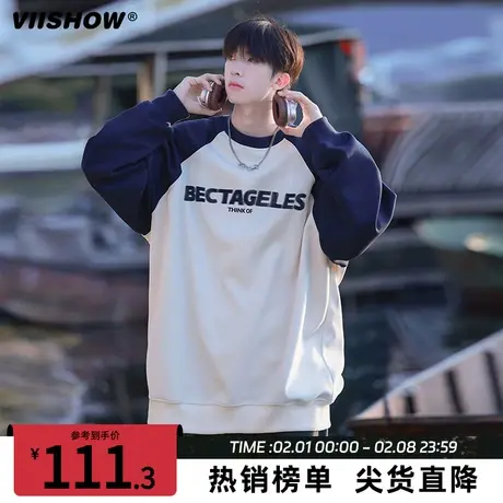 VIISHOW插肩袖圆领卫衣男春秋季宽松拼接重磅长袖oversize打底衫商品大图