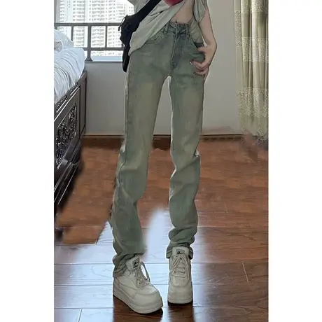 黄泥染美式复古微喇牛仔裤女直筒设计感小众夏季薄款窄版阔腿裤子图片