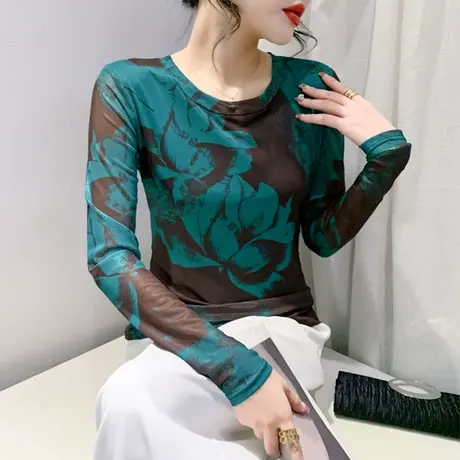 欧货圆领网纱印花长袖打底衫洋气减龄上衣女修身显瘦打底衫T恤ins图片