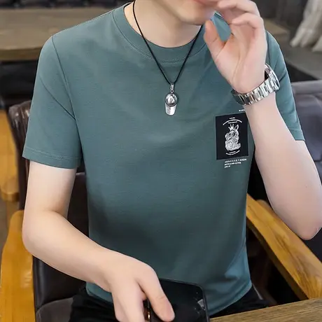 港士博夏装圆领半袖男t恤潮流修身纯棉印花短袖体恤打底衫男装TX商品大图