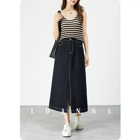 2024新款春夏薄款复古蓝高腰开叉莱赛尔牛仔半身裙女中长款a字裙图片