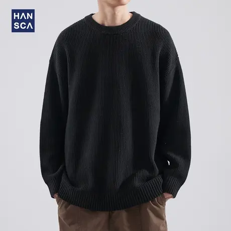 hansca日系圆领毛衣男冬季慵懒高级感针织衫纯色复古加厚打底线衣商品大图