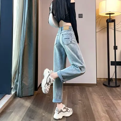 浅蓝色哈伦牛仔裤女2024年春季新款小个子宽松高腰显瘦萝卜老爹裤图片