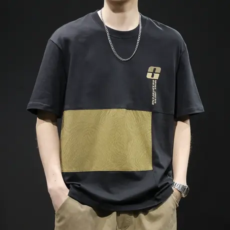 重磅拼色短袖t恤男士夏季2024新款宽松大码潮牌衣服男装体恤纯棉图片