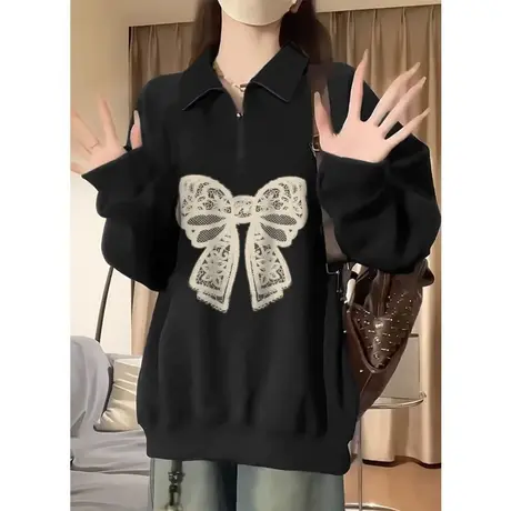 蝴蝶结polo领卫衣女2024新款春秋薄款宽松oversize黑色半拉链上衣商品大图