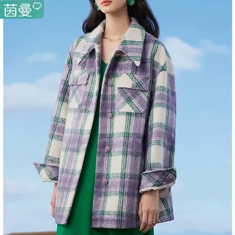 茵曼气质呢子大衣女士春秋2024新款中长款格子衬衫毛呢外套宽松图片